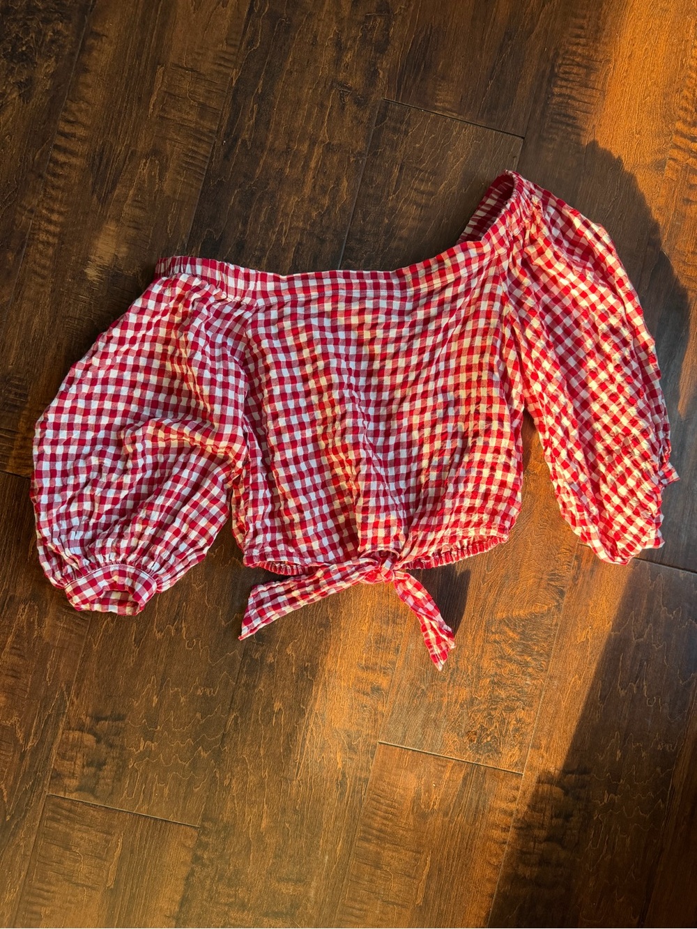 Red Gingham Off-Shoulder Tie-Front Women's Top